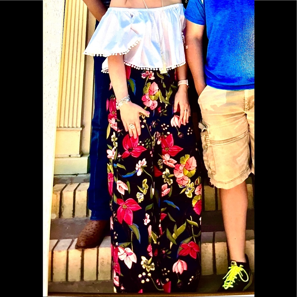 BOHO PALAZZO PANTS HIGH WAIST SMOOTH SLIGHT BELL LONG  DARK NAVY CORAL PINKS  M